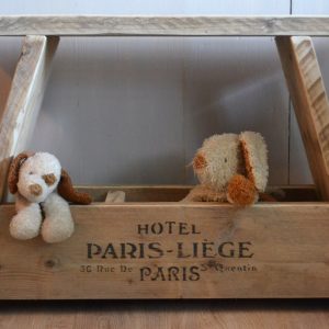 Steigerhouten krukje - bankje - met opbergvak en vintage tekst Paris - Liege