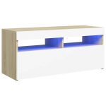 Vidaxl Tv-meubel Met Led-verlichting 90x35x40 Cm Wit Sonoma Eikenkleur