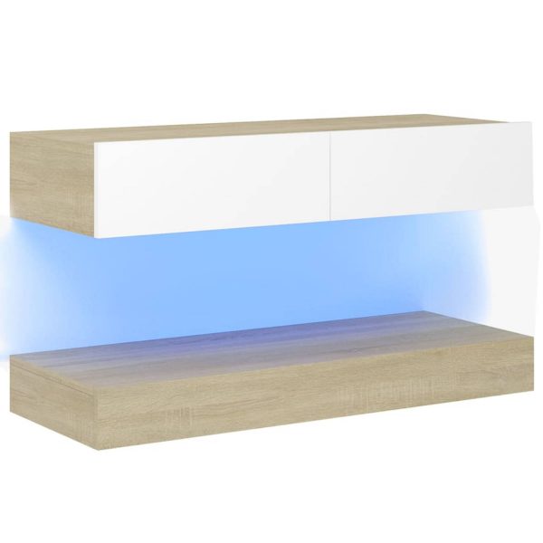 Vidaxl Tv-meubel Met Led-verlichting 90x35 Cm Wit Sonoma Eikenkleurig